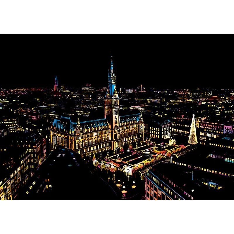 German Hamburger Night Scratch Art Kit – DIY Rathaus & Christmas Market Reveal with Festive Lights & Historic Architecture (40.5×28.5 cm with Tools)