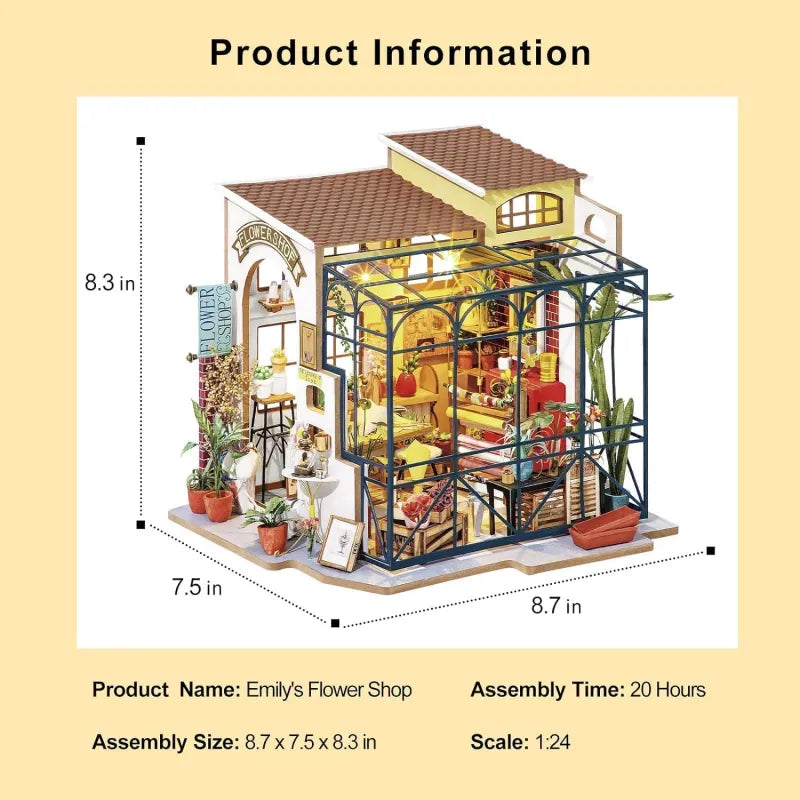 DIY Miniature Flower Shop Kit – Emily’s Boutique by Rolife with LED Lights & Vintage Décor (8.7 x 7.5 x 8.3 in)