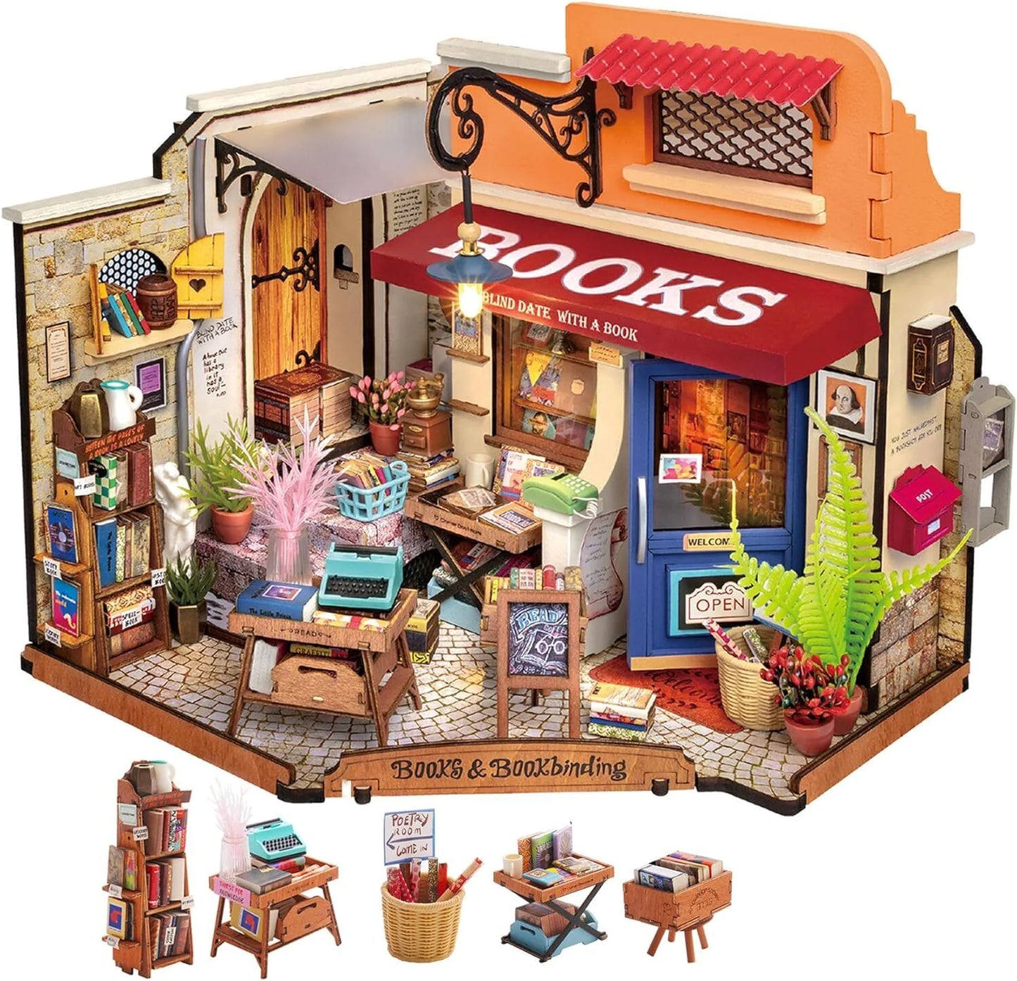 Corner Bookstore DIY Miniature House KitRobotime Rolife Corner Bookstore DIY Miniature House Kit with LED – Literary-Themed Dollhouse for Adults