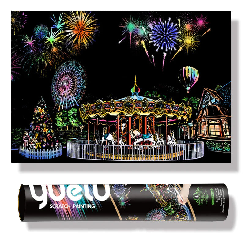 Amusement Park Night Scratch Art Kit – DIY Festival Scene Reveal with Ferris Wheel, Carousel & Fireworks (40.5×28.5 cm with Tools)