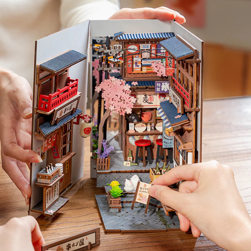 ROBOTIME Sakura Wine Alley Book Nook – DIY Japanese Lantern Street Puzzle Kit with LED Lights & Cherry Blossom Details
