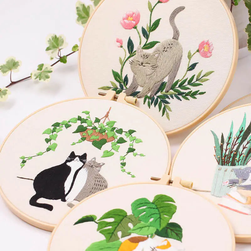 Naughty Cat Embroidery DIY Kit – Playful Cross‑Stitch Set with Frame (6 Charming Cat Designs)
