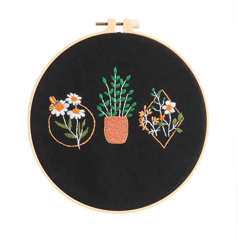 Botanical DIY Embroidery Kit – Cross‑Stitch Set with Frame (Flowering Vine, Daisy & Triangle Patterns)