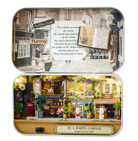 🌸🚂 Happy Steet Corner – Miniature Dollhouse in a Keepsake Tin | Handcrafted DIY Scene with LED & Storybook Charm