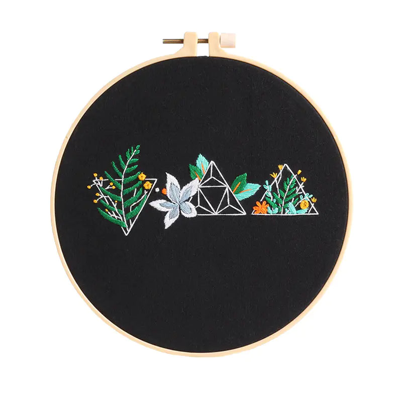 Botanical DIY Embroidery Kit – Cross‑Stitch Set with Frame (Flowering Vine, Daisy & Triangle Patterns)