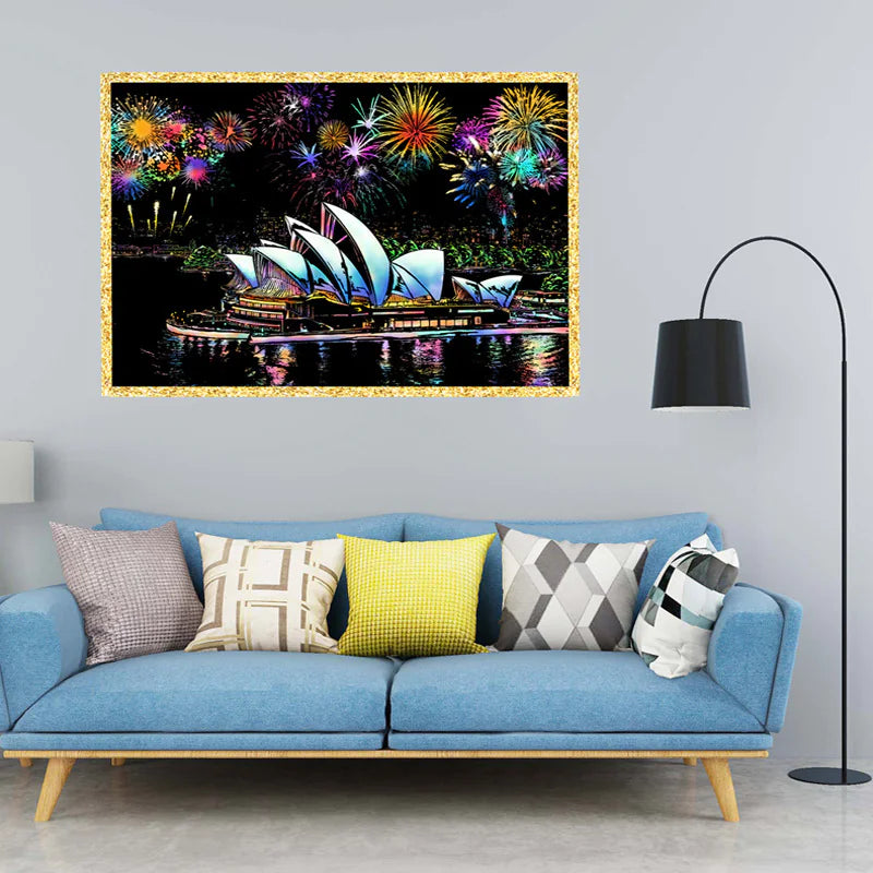 Sydney Night Scratch Art Kit – DIY Opera House & Harbour Reveal with Fireworks & Water Reflections (40.5×28.5 cm with Tools)
