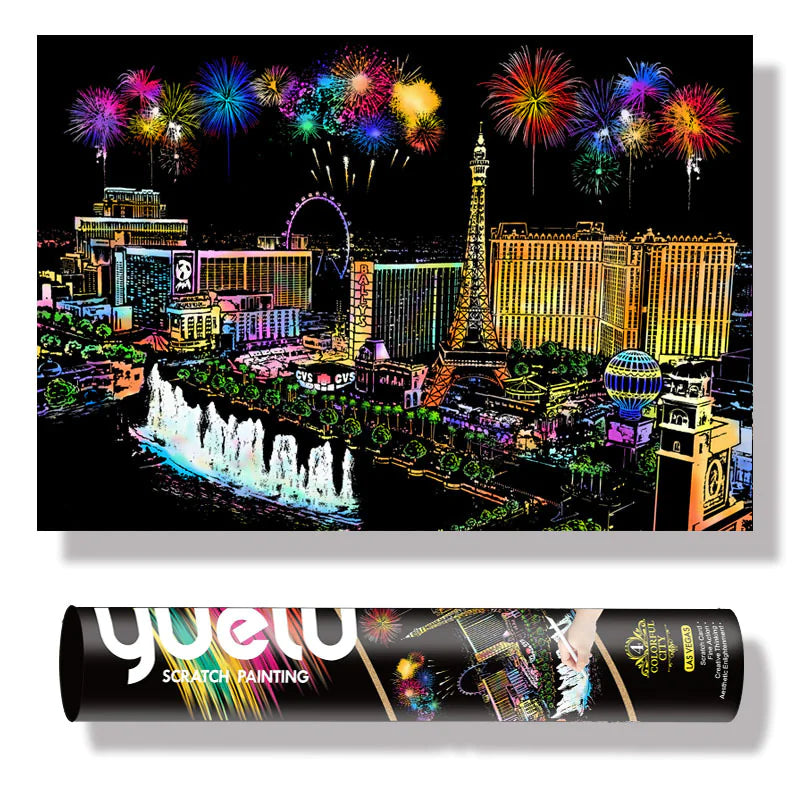 Las Vegas Night Scratch Art Kit – DIY Skyline Reveal with Eiffel Tower, High Roller & Fireworks (40.5×28.5 cm with Tools)