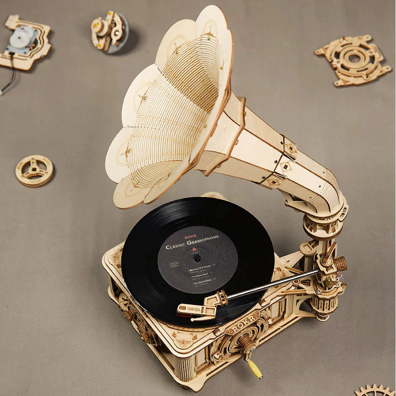 DIY Wooden Mechanical Phonograph Puzzle – Functional 3D Model Kit (Standard & Joint Style Variants)