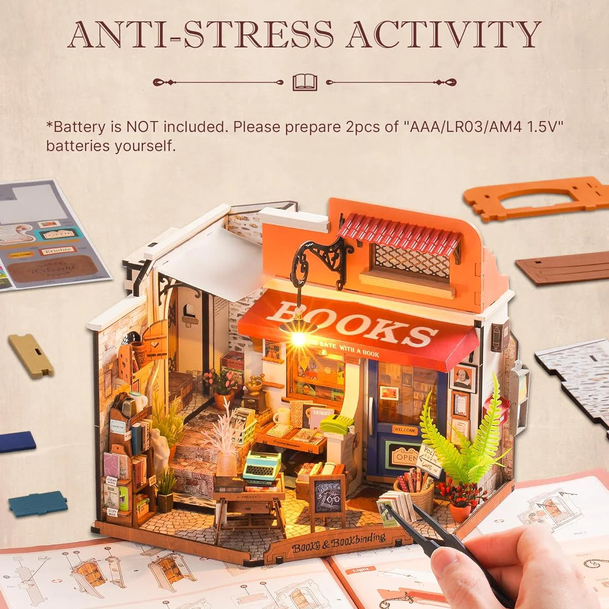 Corner Bookstore DIY Miniature House KitRobotime Rolife Corner Bookstore DIY Miniature House Kit with LED – Literary-Themed Dollhouse for Adults