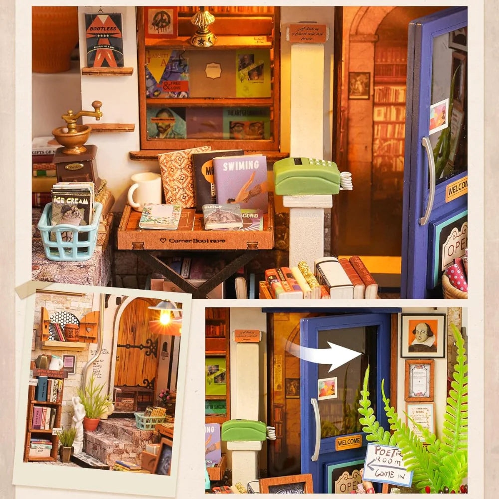 Corner Bookstore DIY Miniature House KitRobotime Rolife Corner Bookstore DIY Miniature House Kit with LED – Literary-Themed Dollhouse for Adults