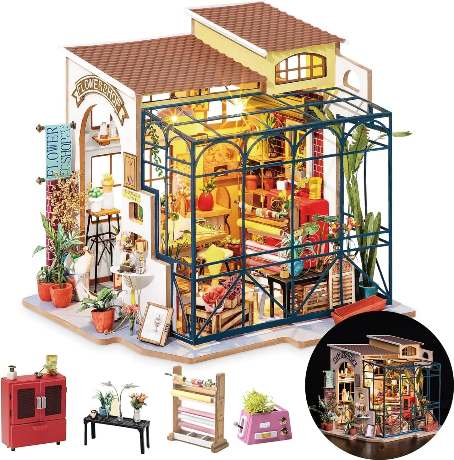 DIY Miniature Flower Shop Kit – Emily’s Boutique by Rolife with LED Lights & Vintage Décor (8.7 x 7.5 x 8.3 in)