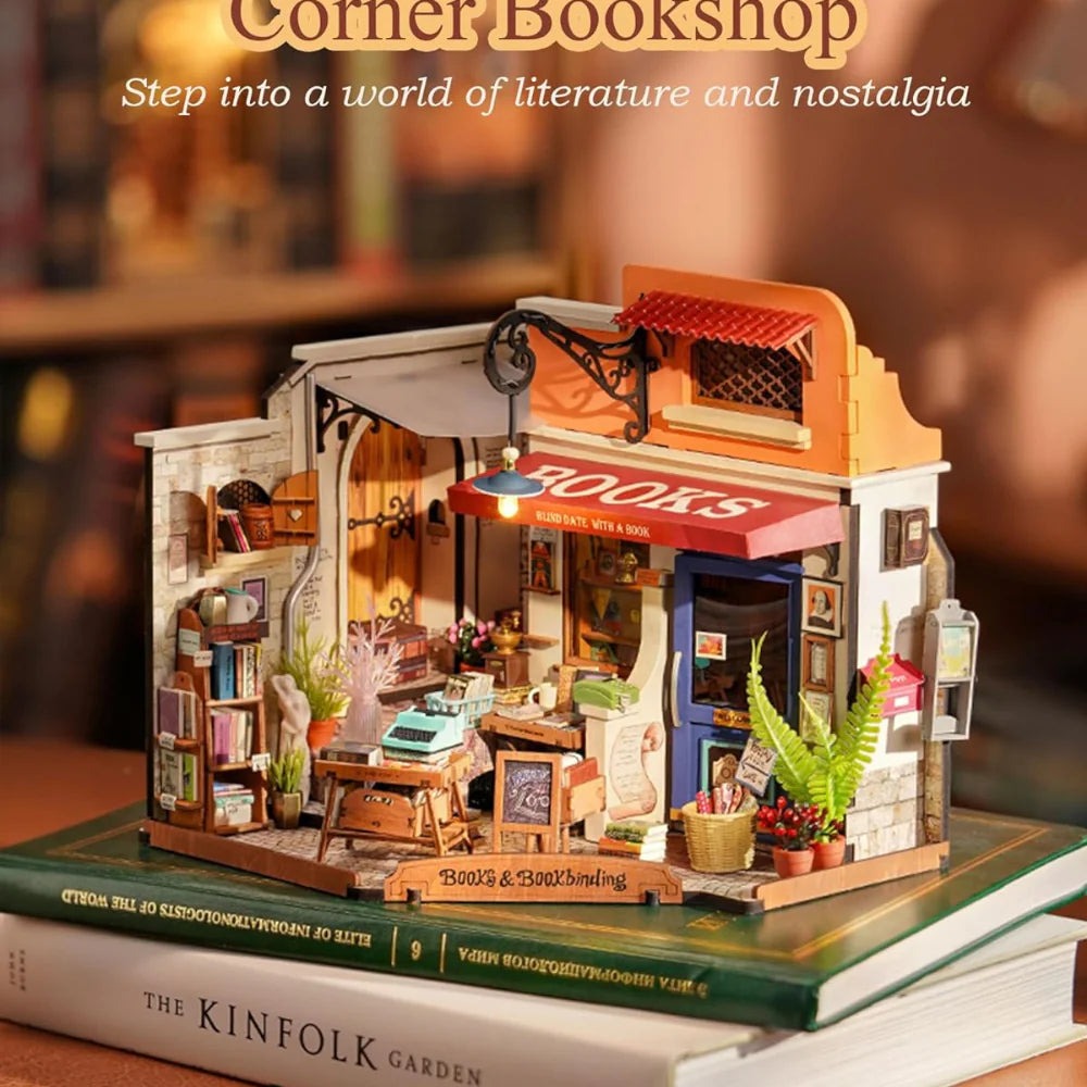 Corner Bookstore DIY Miniature House KitRobotime Rolife Corner Bookstore DIY Miniature House Kit with LED – Literary-Themed Dollhouse for Adults