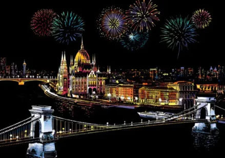 City Night Scratch Art Kit – DIY Illuminated Skyline Reveal on Premium White Cardboard (40.5×28.5 cm with Tools)