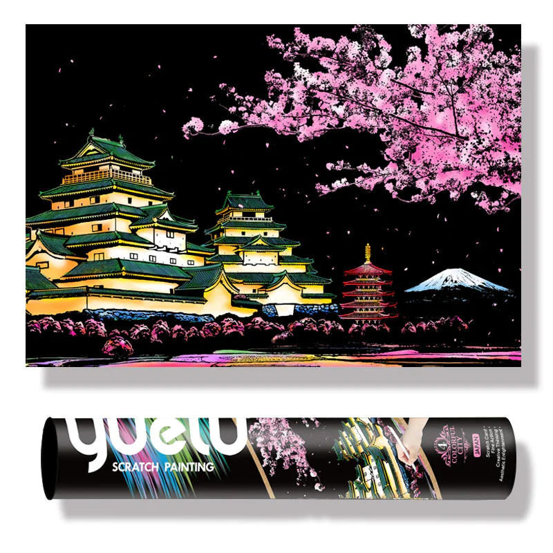Luigi City Night Scratch Art Kit – DIY Japanese Landmark Reveal with Castle, Pagoda & Mount Fuji (40.5×28.5 cm with Tools)