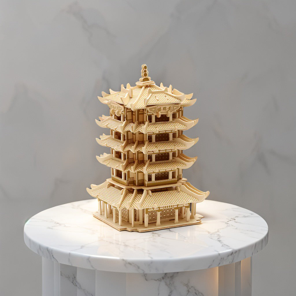 Azure Sky Pagoda – 3D Wooden Architectural Puzzle with Light Feature (Illuminated Cultural Landmark Model)