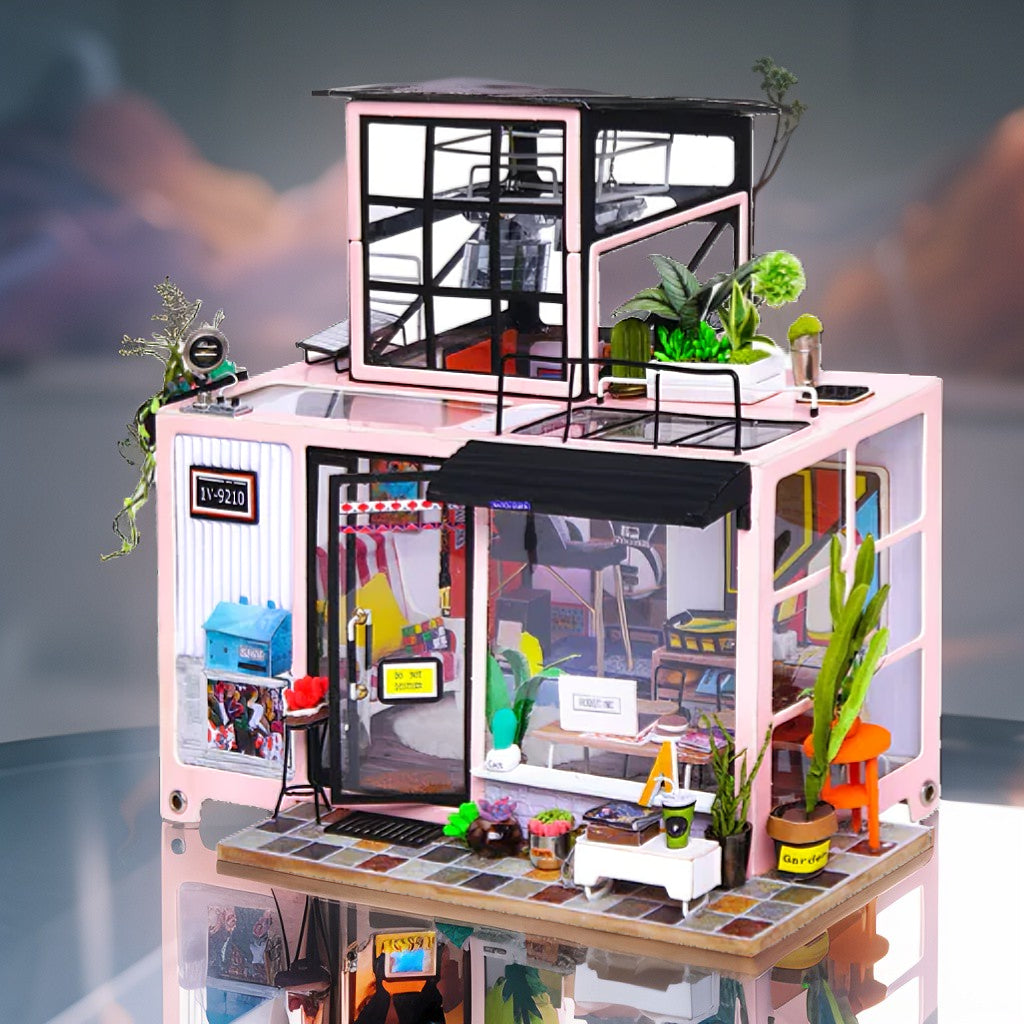 Sunny Lane Café – DIY Modern Miniature Coffee Shop Kit with Rooftop Garden & LED | Handcrafted Collectible for Adults