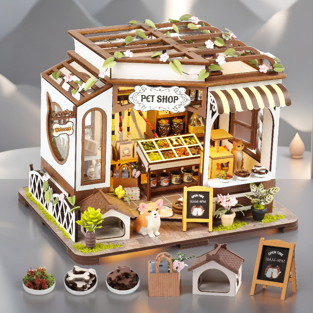 DIY Miniature Pet Shop Kit | Charming Wooden Diorama with LED Light