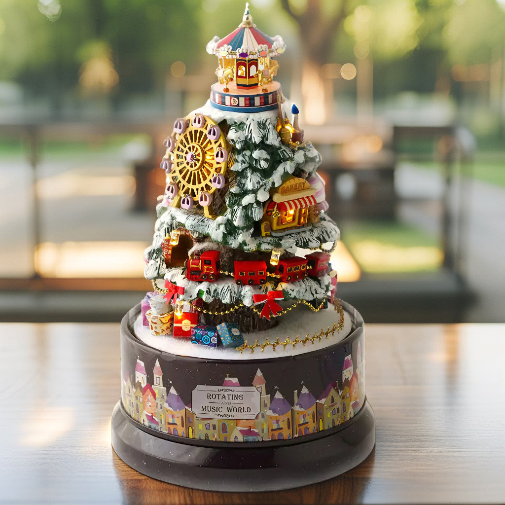 Holiday Carousel Village – Rotating Music World with LED, Sound & Festive Miniatures | Handcrafted Christmas Dome