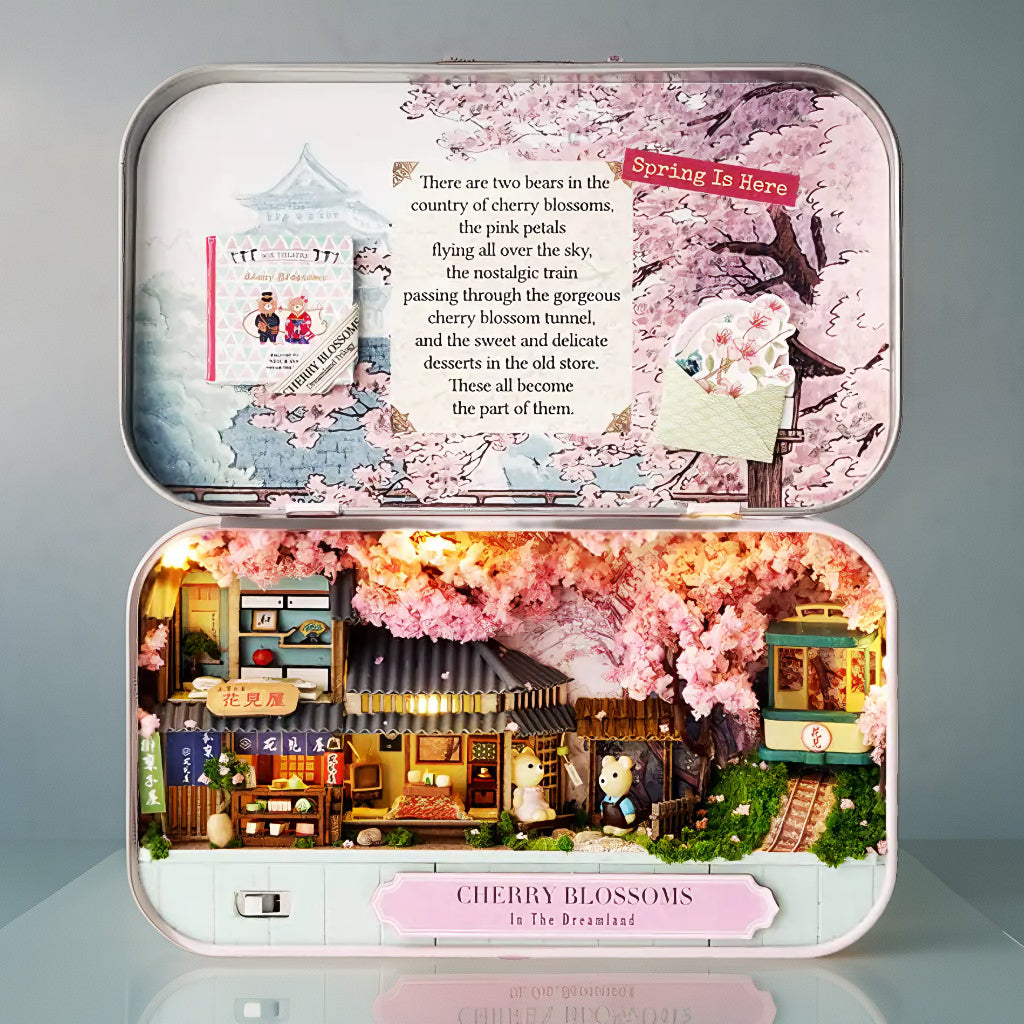 🌸🚂Cherry Blossoms – Miniature Dollhouse in a Keepsake Tin | Handcrafted DIY Scene with LED & Storybook Charm