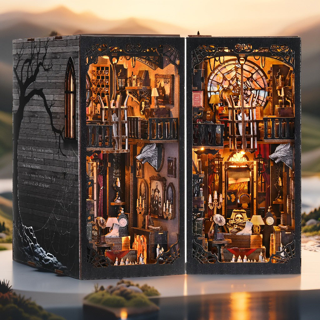 Dark Family Mansion Book Nook Kit – DIY Gothic Diorama with LED Lights, Miniature Haunted House & Bookshelf Insert (TOYQI)