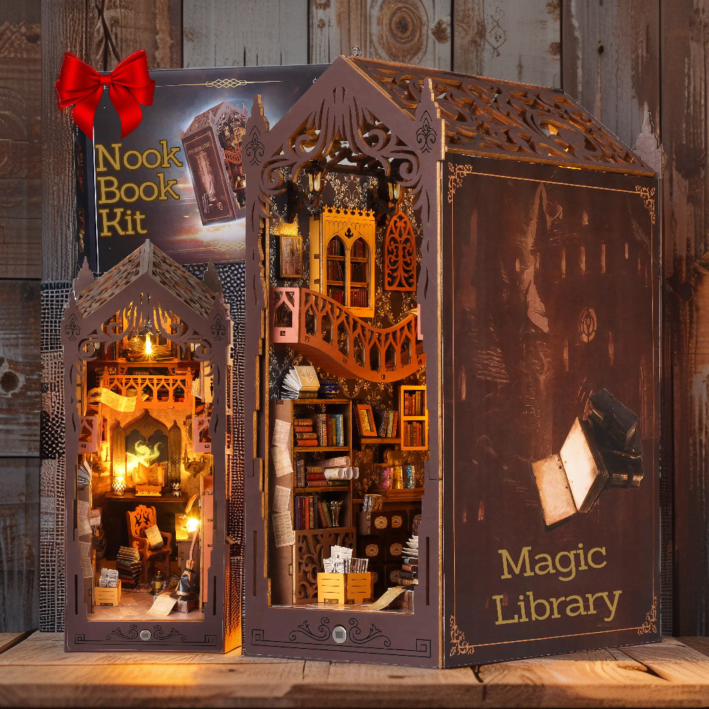 Magic Library Book Nook Kit – DIY Fantasy Bookshelf Diorama with LED Lights & Beginner‑Friendly Build (3D Wooden Puzzle for Adults & Teens)