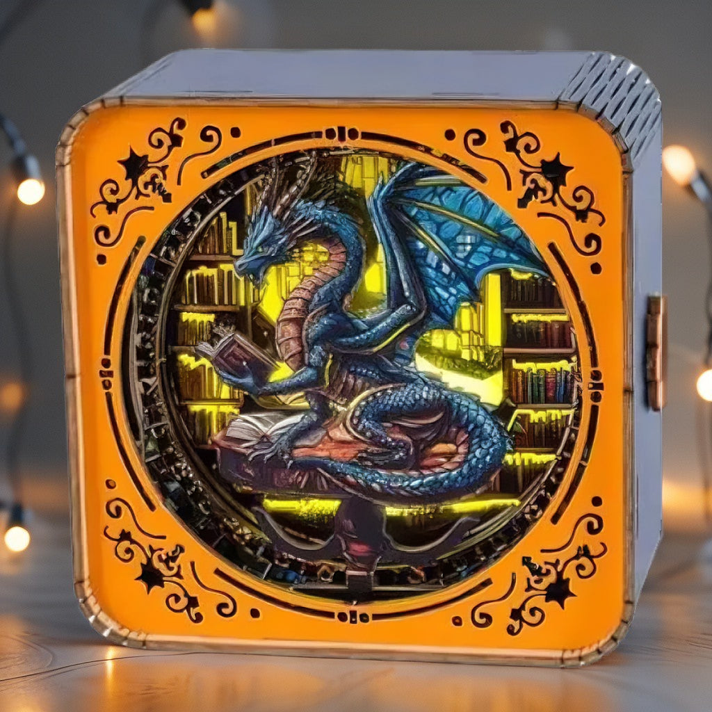 The Wyrm's Library DIY Light Box | 3D Layered Wooden Reading Dragon Puzzle