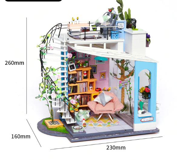 Makaron Rooftop in Dora – DIY Modern Miniature Loft & Terrace Garden Kit with Spiral Staircase & LED | Handcrafted Collectible for Adults