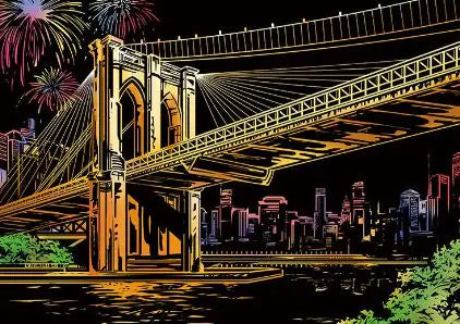 Brooklyn Bridge Night Scratch Art Kit – DIY Cityscape Reveal on Premium White Cardboard (40.5×28.5 cm with Tools)