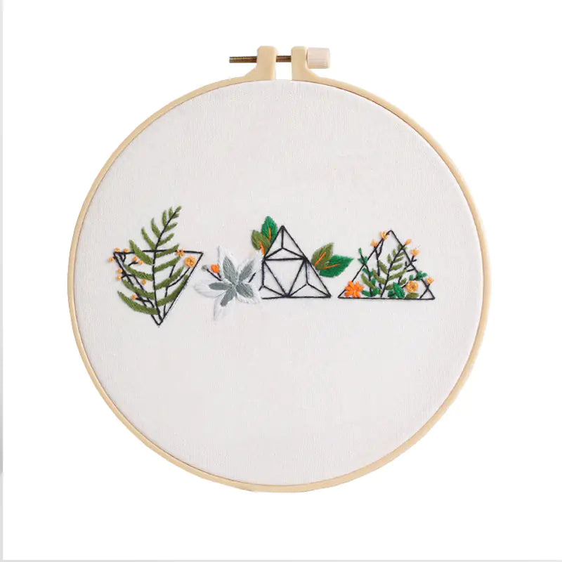 Botanical DIY Embroidery Kit – Cross‑Stitch Set with Frame (Flowering Vine, Daisy & Triangle Patterns)