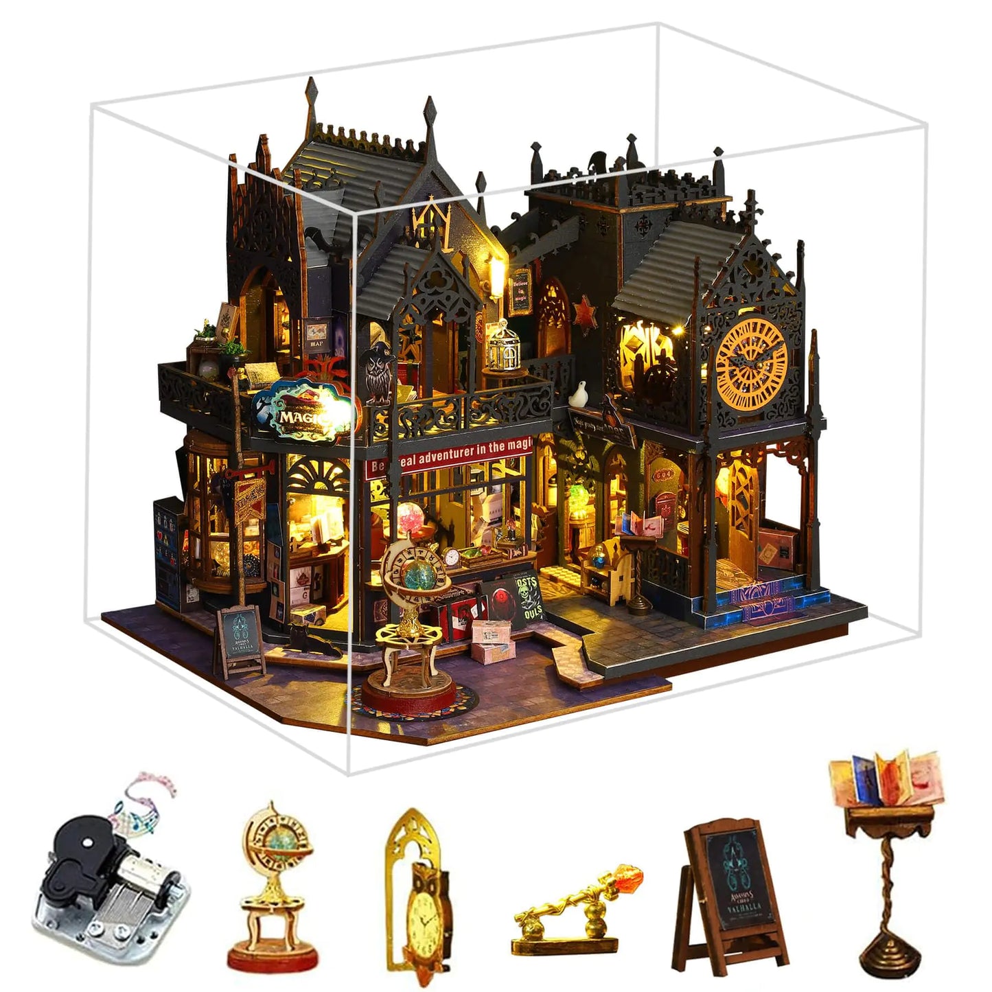 DIY Miniature Dollhouse Kit – Holo Magic City Wizard Study with LED Lights, Dust Cover & Music Box (9.4 x 7.5 x 8.5 in)