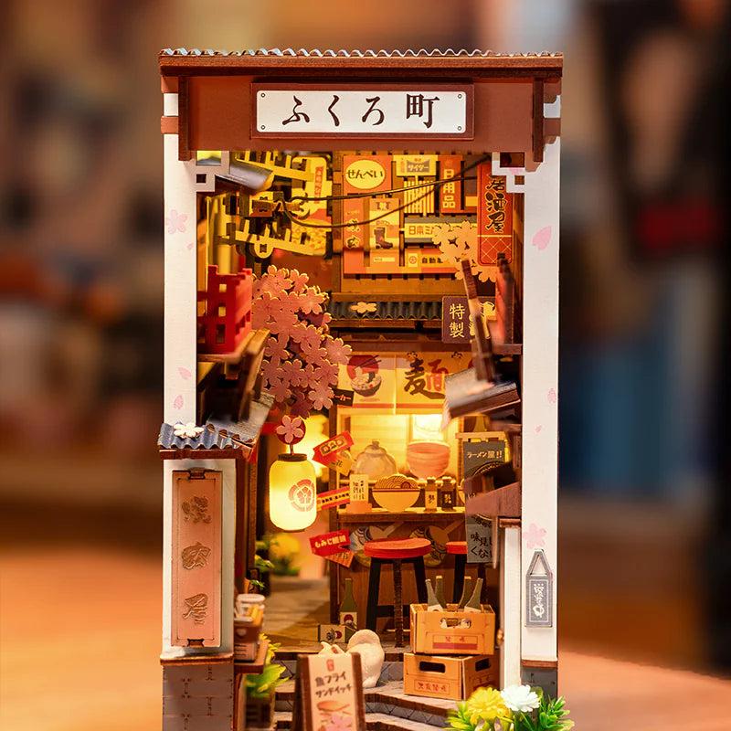 ROBOTIME Sakura Wine Alley Book Nook – DIY Japanese Lantern Street Puzzle Kit with LED Lights & Cherry Blossom Details