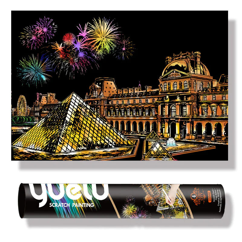Louvre Night Scratch Art Kit – DIY Paris Landmark Reveal with Glass Pyramid & Fireworks (40.5×28.5 cm with Tools)