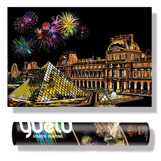 Louvre Night Scratch Art Kit – DIY Paris Landmark Reveal with Glass Pyramid & Fireworks (40.5×28.5 cm with Tools)