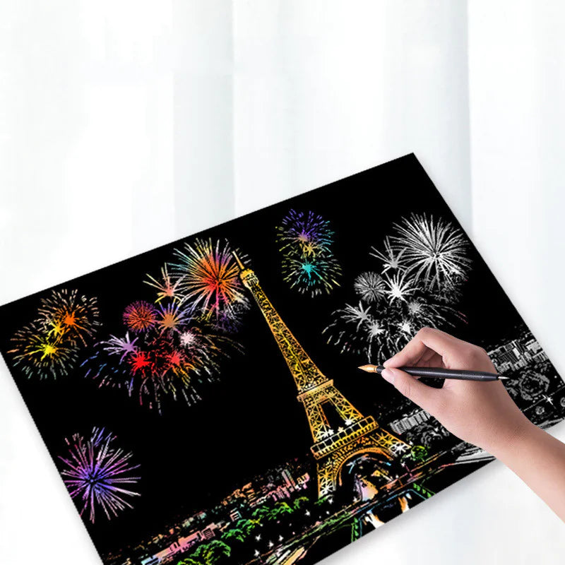 Louvre Night Scratch Art Kit – DIY Paris Landmark Reveal with Glass Pyramid & Fireworks (40.5×28.5 cm with Tools)