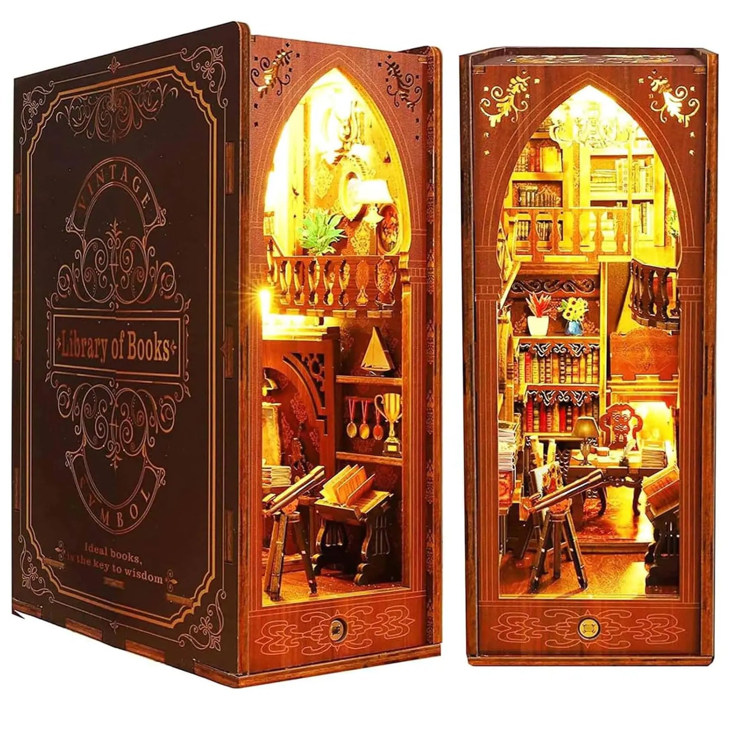 Funle Library Book Nook Kit – DIY Miniature Double‑Tower Library with Chandeliers, LED Lights & Wooden Bookshelf Insert (3D Puzzle for Adults & Teens)