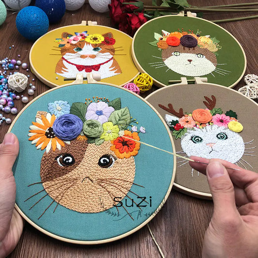 🐾 DIY Fabric Embroidery Kit – 4 Whimsical Cat Designs | Cotton & Linen Craft Set