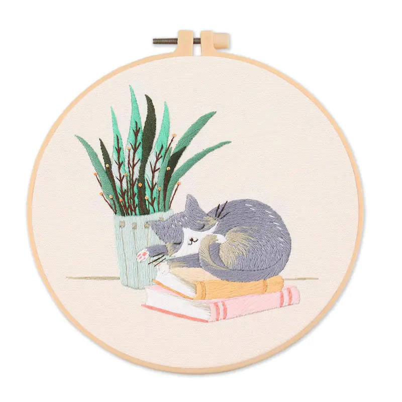 Naughty Cat Embroidery DIY Kit – Playful Cross‑Stitch Set with Frame (6 Charming Cat Designs)