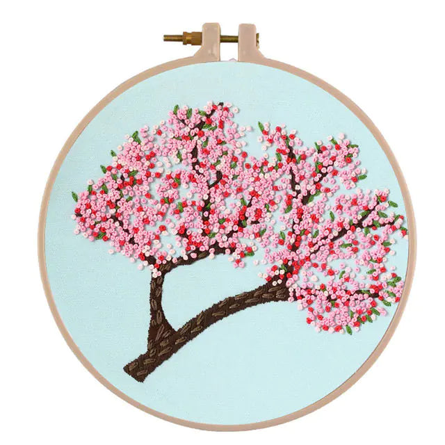 🌸 DIY Stamped Embroidery Starter Kit – Blossoming Tree Series (4 Nature-Inspired Designs)