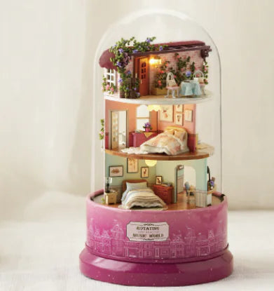 Whimsical Townhouse – Triple‑Level Rotating Music World with LED & Sound | Handcrafted Miniature Home Under Glass