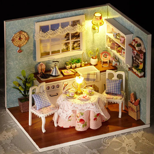 Sunlit Country Kitchen – DIY Miniature Kit with Lace & Light | Vintage‑Style Dollhouse Scene for Collectors