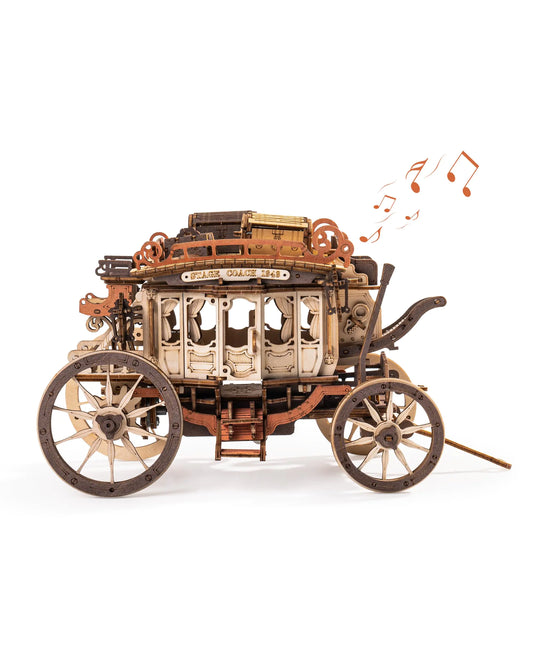 ROBOTIME “Victorian Stagecoach” – Mechanical 3D Wooden Puzzle & Music Box with Moving Figurines (Plays Greensleeves)