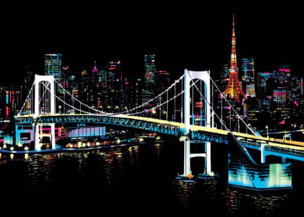 Suspension Bridge City Night Scratch Art Kit – DIY Illuminated Skyline Reveal on Premium White Cardboard (40.5×28.5 cm with Tools)