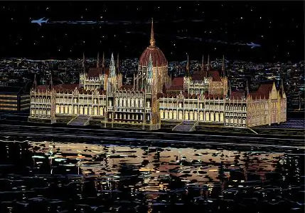 Budapest Parliament Night Scratch Art Kit – DIY Danube Cityscape Reveal on Premium White Cardboard (40.5×28.5 cm with Tools)
