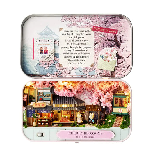 🌸🚂Cherry Blossoms – Miniature Dollhouse in a Keepsake Tin | Handcrafted DIY Scene with LED & Storybook Charm