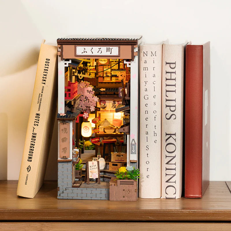 ROBOTIME Sakura Wine Alley Book Nook – DIY Japanese Lantern Street Puzzle Kit with LED Lights & Cherry Blossom Details