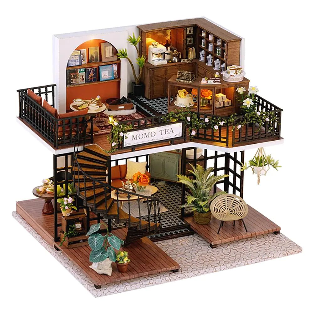 RHZN DIY Miniature Tea Shop Dollhouse Kit – MOMO TEA Café with LED Lights for Adults