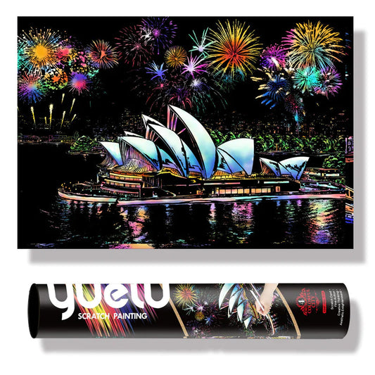 Sydney Night Scratch Art Kit – DIY Opera House & Harbour Reveal with Fireworks & Water Reflections (40.5×28.5 cm with Tools)