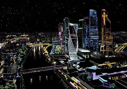Moscow CBD Night Scratch Art Kit – DIY Skyline Reveal with Skyscrapers & City Lights (40.5×28.5 cm with Tools)
