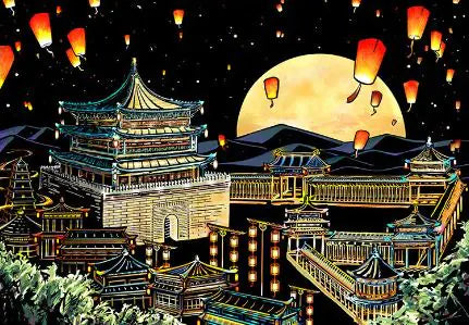 Chang’an Lantern Festival Night Scratch Art Kit – DIY Ancient City Reveal with Moonlit Sky & Floating Lanterns (40.5×28.5 cm with Tools)
