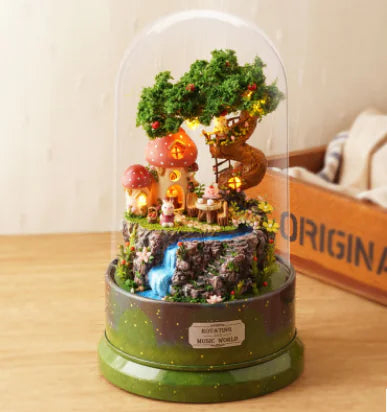 Enchanted Mushroom Village – Rotating Music World with LED & Sound | Handcrafted Miniature Under Glass